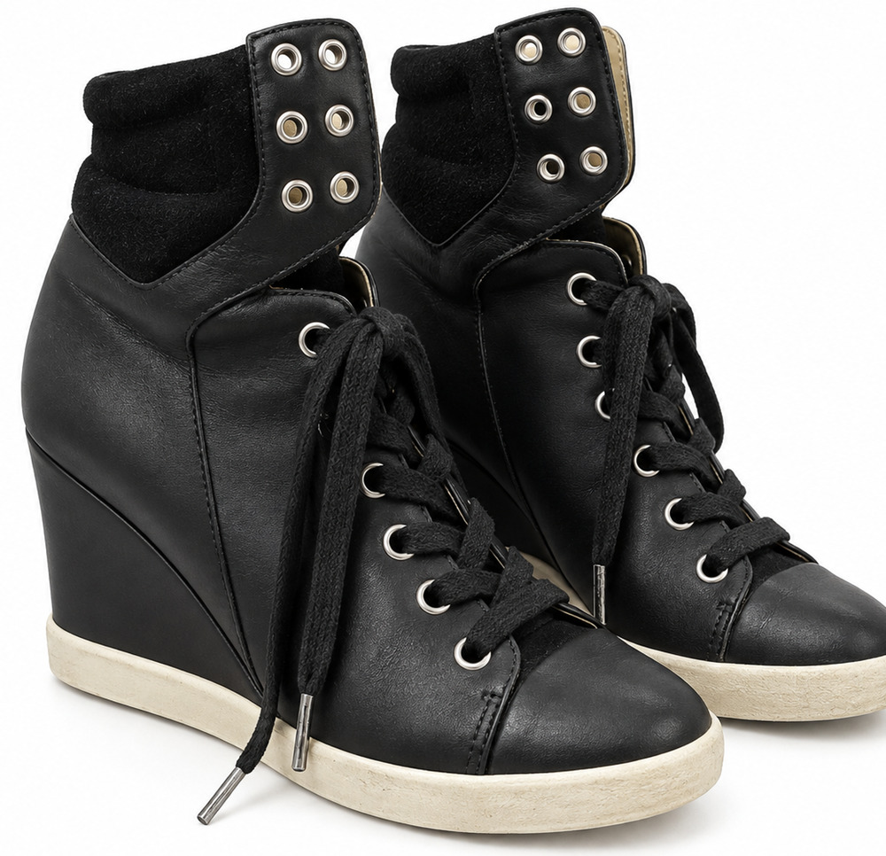 CHLOÉ BLACK LEATHER SUEDE WEDGE HIGH TOP SNEAKERS SHOES SIZE 37.5 AUTHENTIC